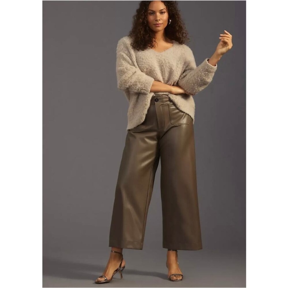 NWT Anthropologie Maeve Collete Green Faux Leather Crop Wide Leg Pants Size 32